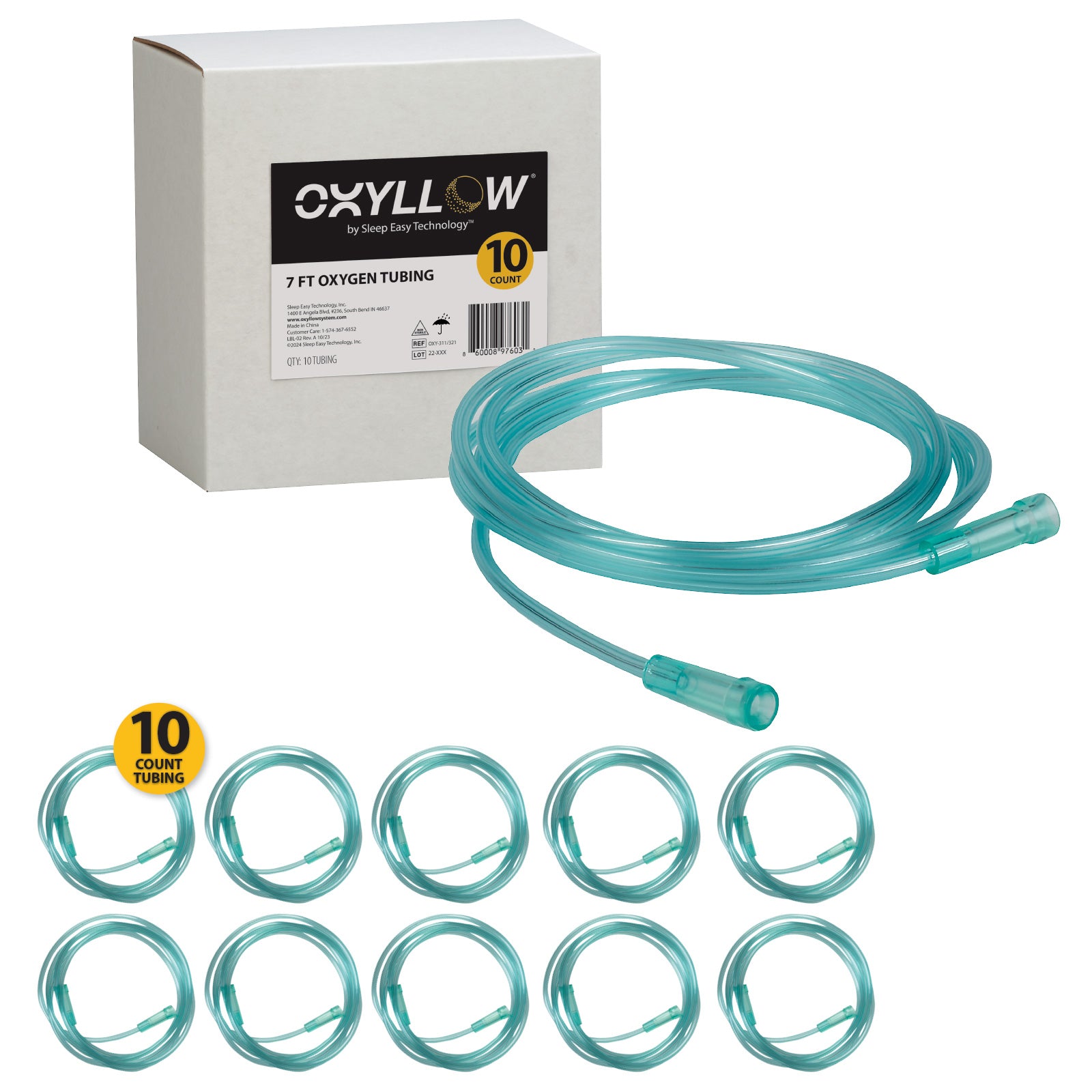 Premium 7 FT Oxygen Tubing | 10-Count | 6-Channel Kink-Resistant Air Flow | High-Visibility Green Tint | Universal End Connectors | Durable, Medical Grade Oxygen Therapy Accessory