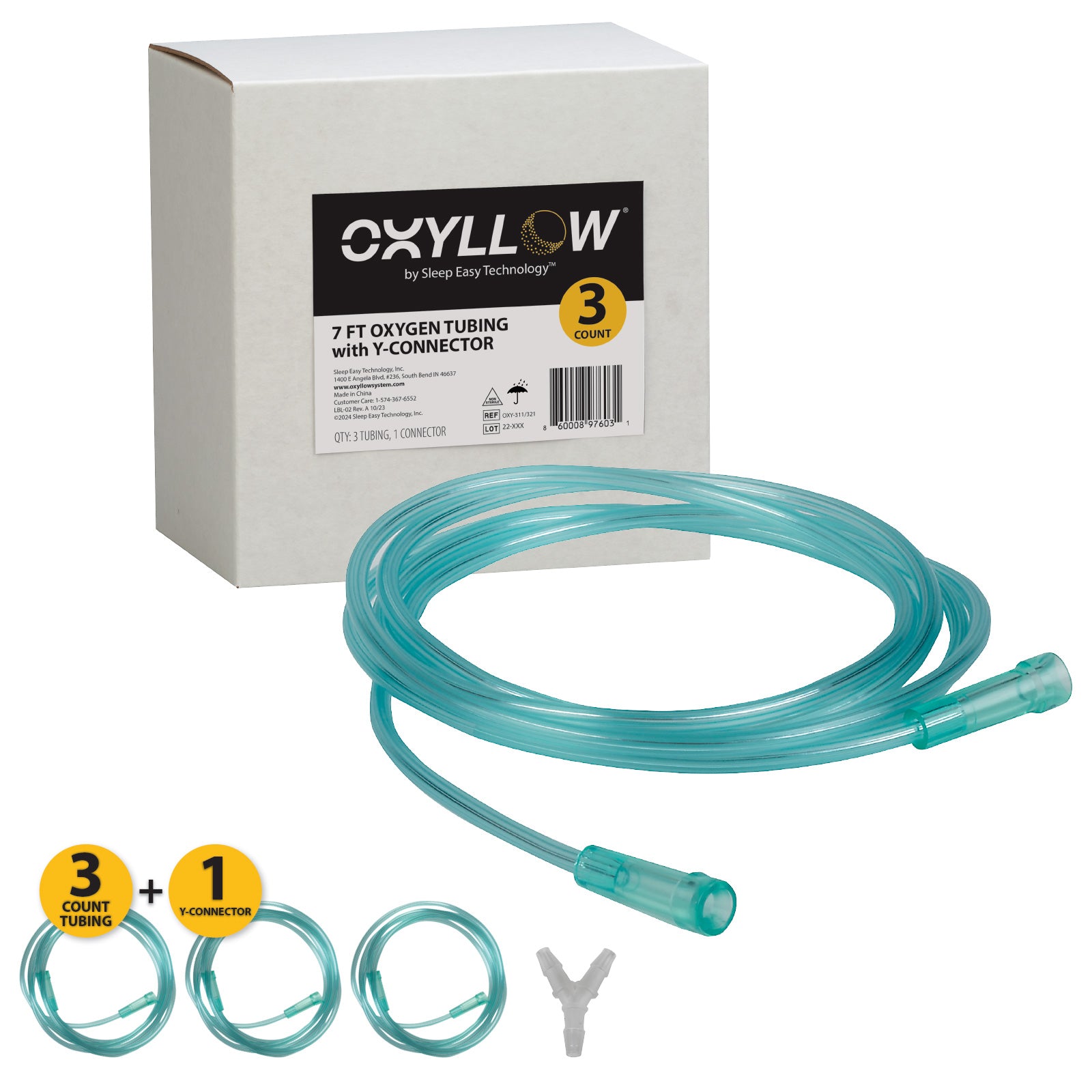 Premium 7 FT Oxygen 3-Count Tubing with Y-Connector| 6-Channel Kink-Resistant Air Flow | High-Visibility Green Tint | Universal End Connectors | Medical-Grade Oxygen Therapy Accessory