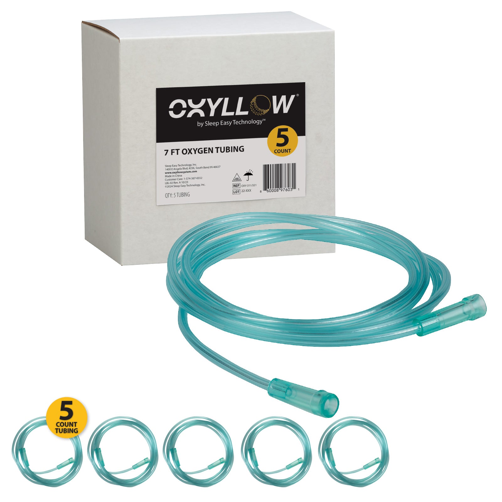 Premium 7 FT Oxygen Tubing | 5-Count | 6-Channel Kink-Resistant Air Flow | High-Visibility Green Tint | Universal End Connectors | Durable, Medical Grade Oxygen Therapy Accessory